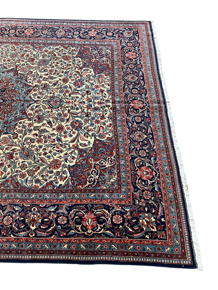 Ivory &amp; Navy Persian Isfahan Hand-Knotted Rug - Floral Medallion Wool Rug - 9.0 x 11.9