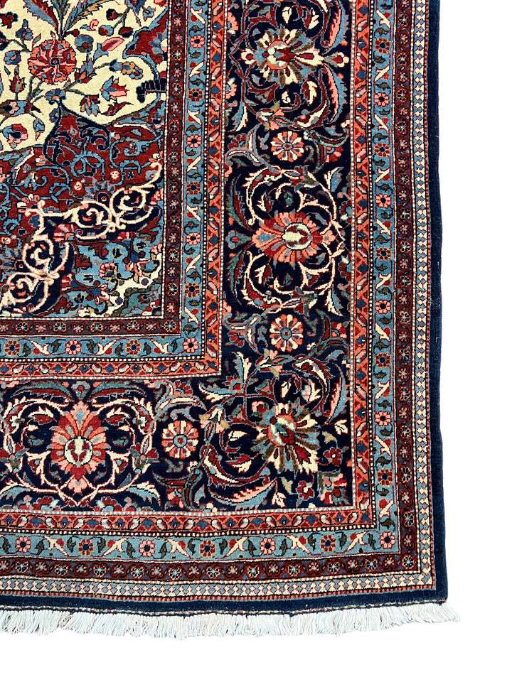 Ivory &amp; Navy Persian Isfahan Hand-Knotted Rug - Floral Medallion Wool Rug - 9.0 x 11.9