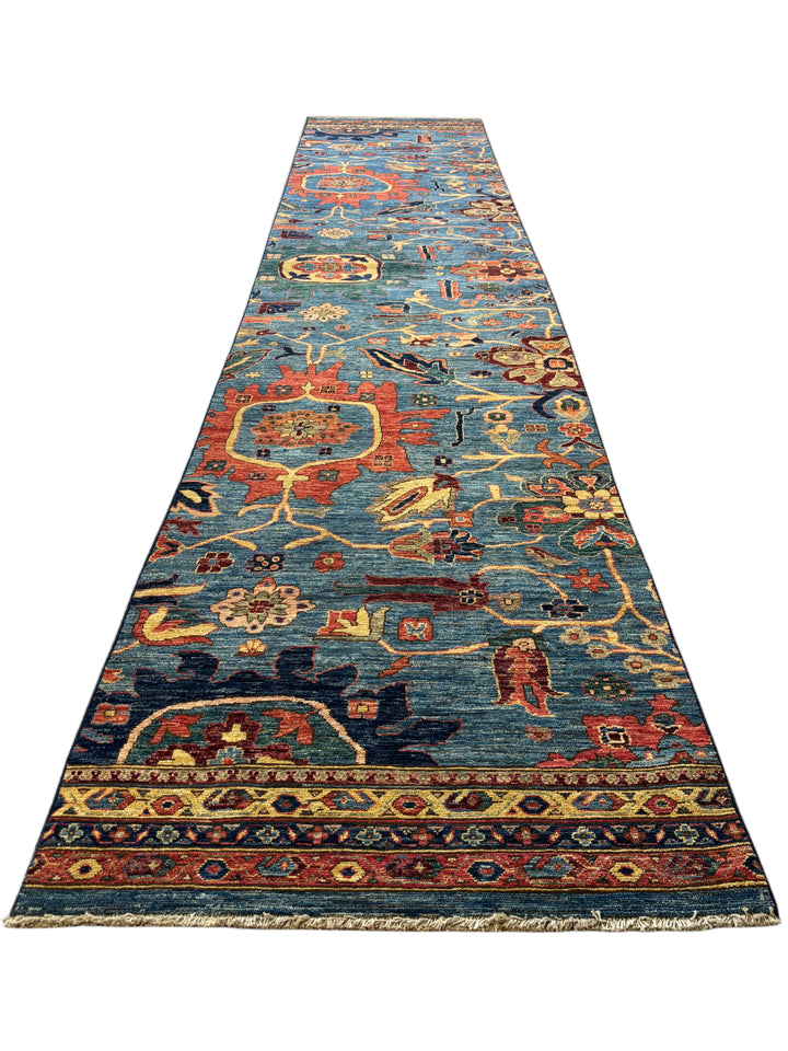 Hand-Knotted Blue Floral Runner Rug - Traditional Wool Hallway Runner - 3.0 x 14.10