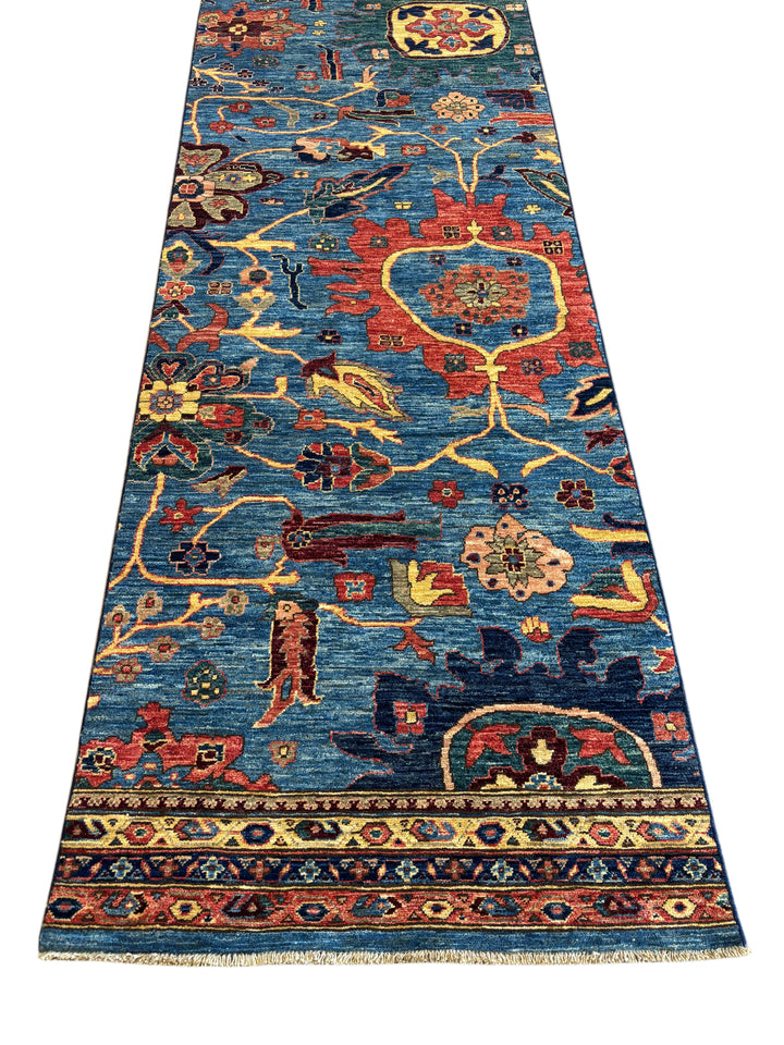 Hand-Knotted Blue Floral Runner Rug - Traditional Wool Hallway Runner - 3.0 x 14.10