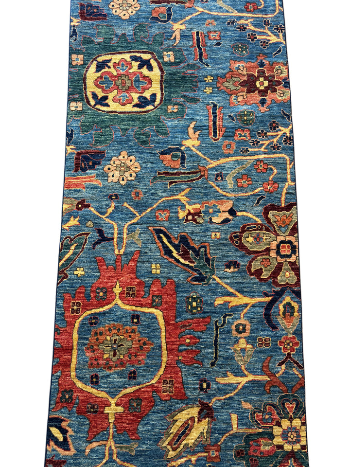 Hand-Knotted Blue Floral Runner Rug - Traditional Wool Hallway Runner - 3.0 x 14.10