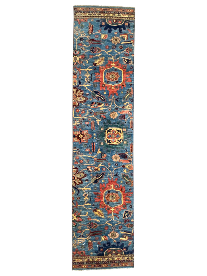 Hand-Knotted Blue Floral Runner Rug - Traditional Wool Hallway Runner - 3.5 x 14.10