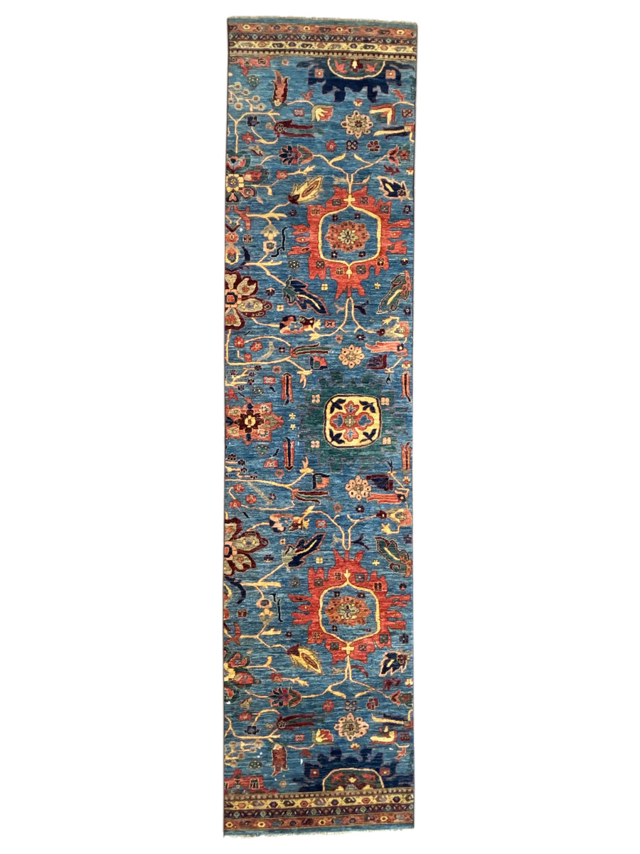 Hand-Knotted Blue Floral Runner Rug - Traditional Wool Hallway Runner - 3.5 x 14.10