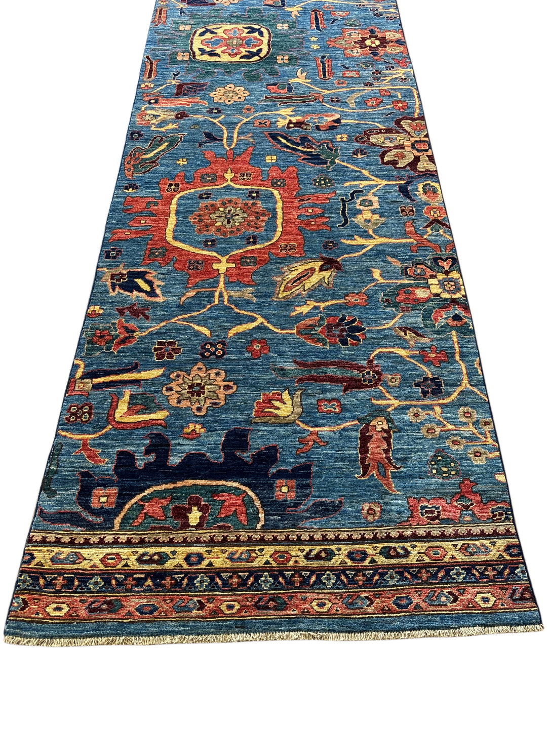 Hand-Knotted Blue Floral Runner Rug - Traditional Wool Hallway Runner - 3.5 x 14.10