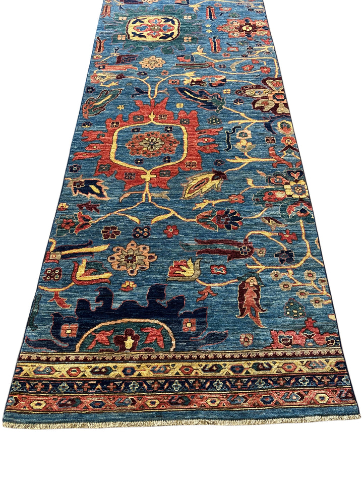 Hand-Knotted Blue Floral Runner Rug - Traditional Wool Hallway Runner - 3.5 x 14.10