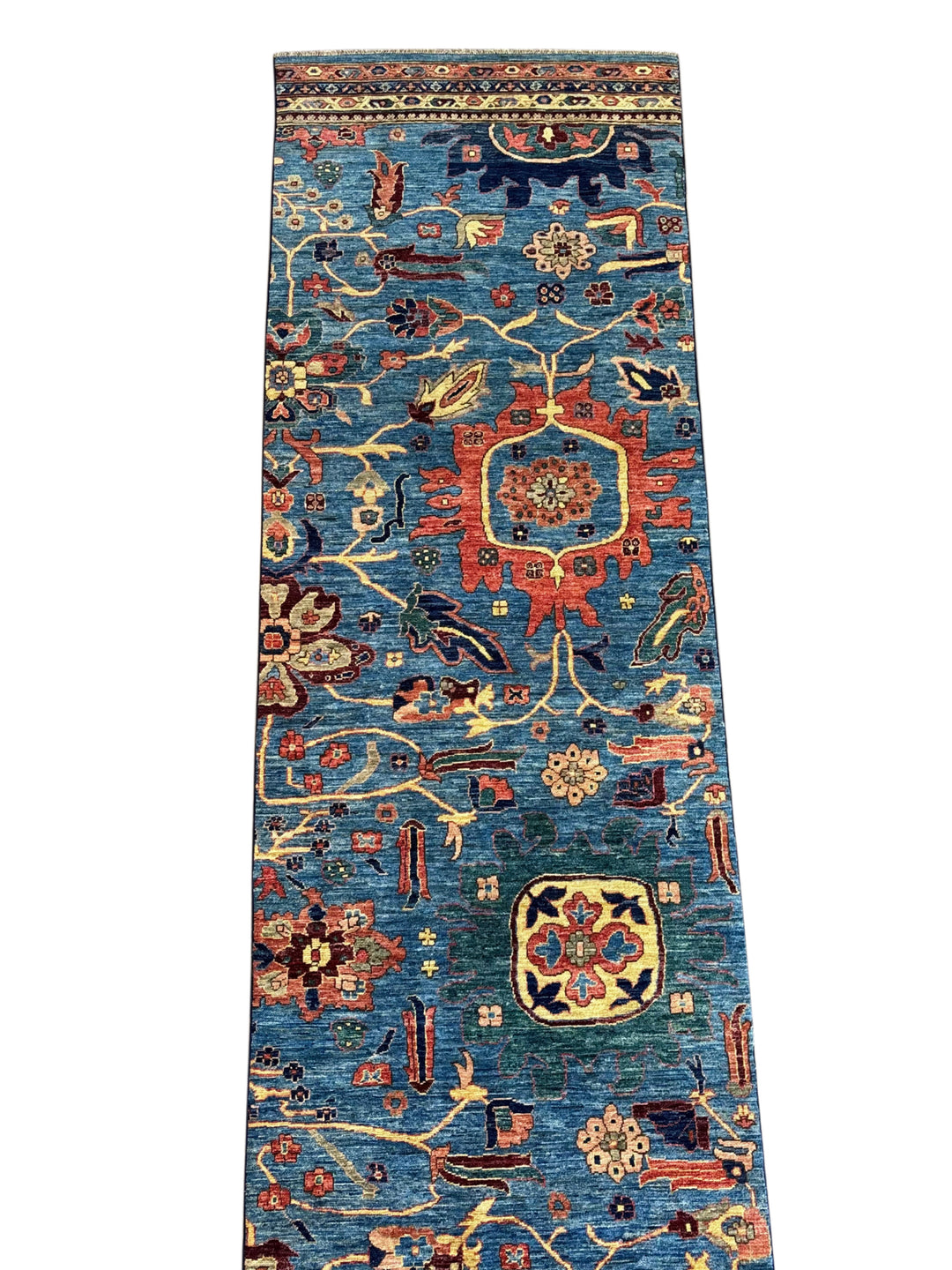 Hand-Knotted Blue Floral Runner Rug - Traditional Wool Hallway Runner - 3.5 x 14.10