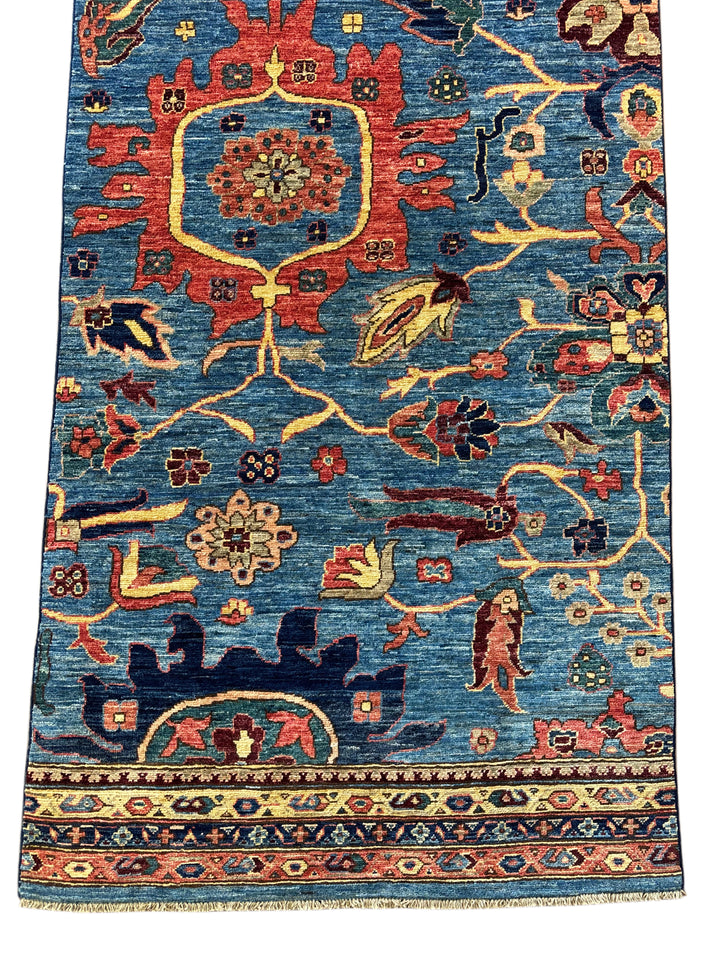 Hand-Knotted Blue Floral Runner Rug - Traditional Wool Hallway Runner - 3.5 x 14.10