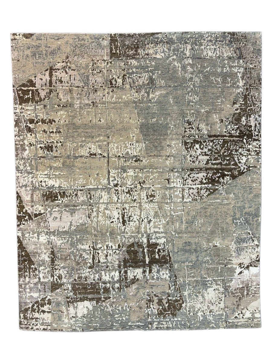 Soft Gray, Taupe & Ivory Abstract Art Silk Rug – 8.1’ x 9.10’