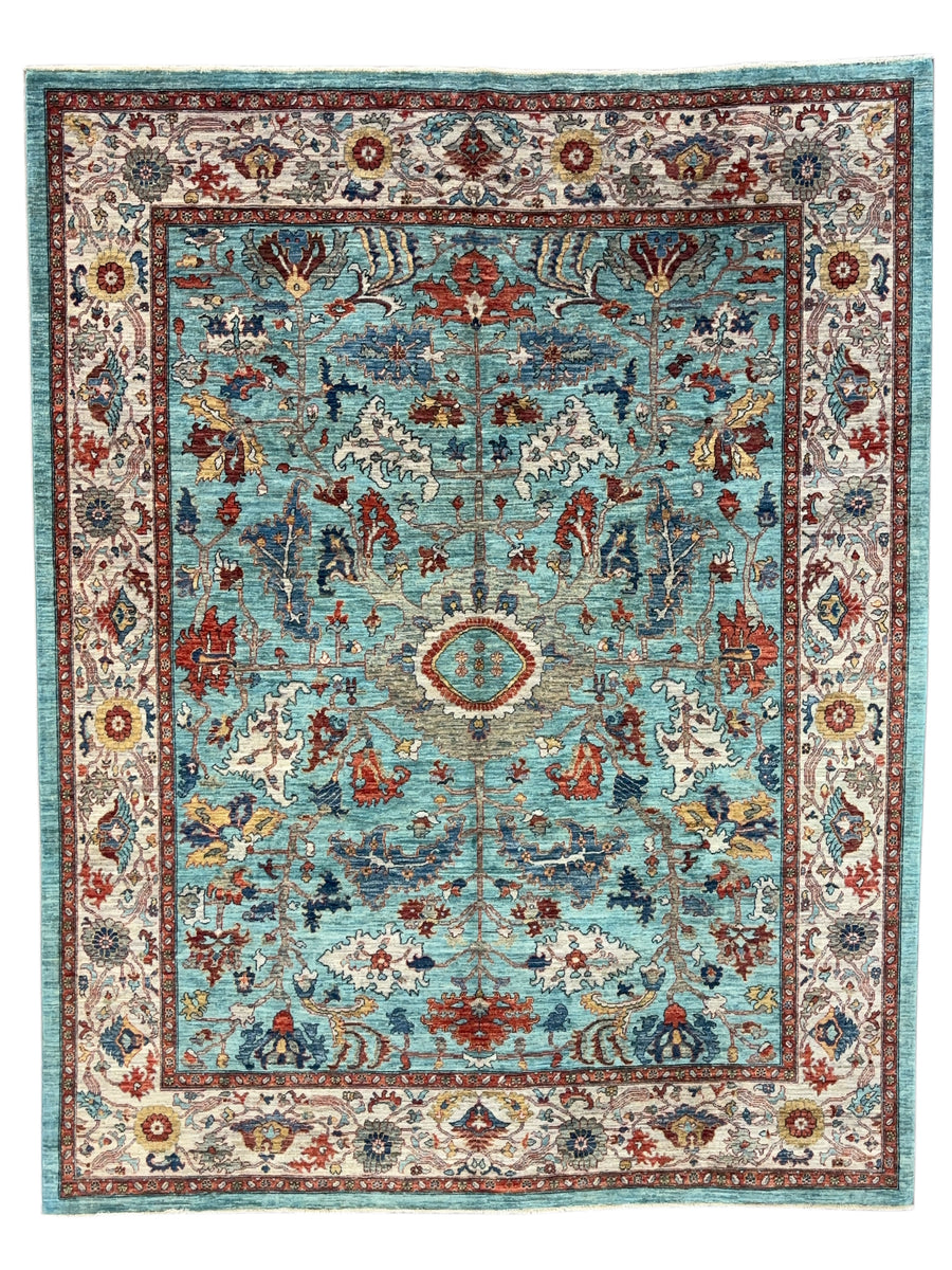 Sky Blue Hand-Knotted  Wool Rug - Aqua, Ivory & Rust Traditional Floral Design - 8.2 x 10.5