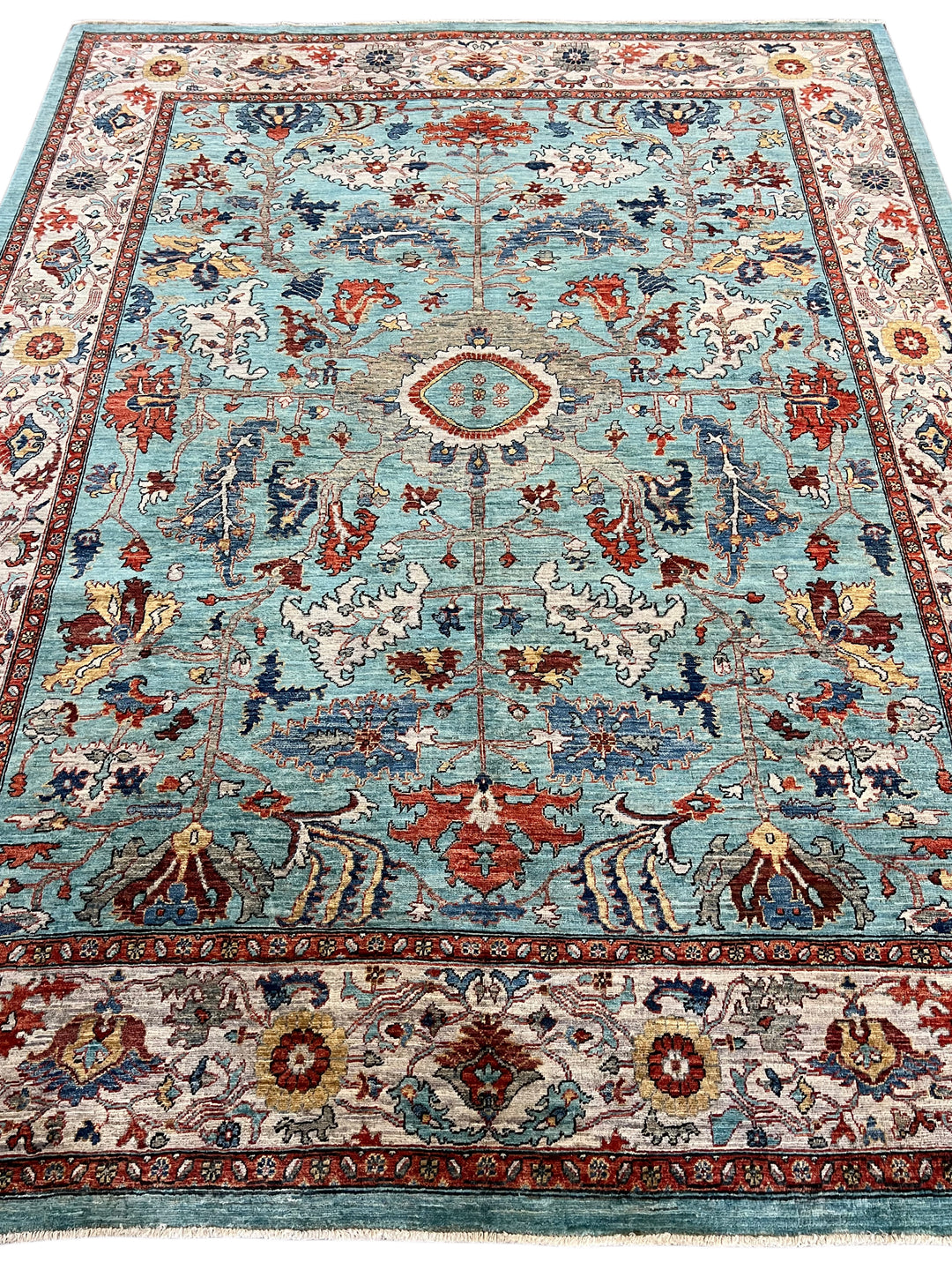 Sky Blue Hand-Knotted  Wool Rug - Aqua, Ivory &amp; Rust Traditional Floral Design - 8.2 x 10.5