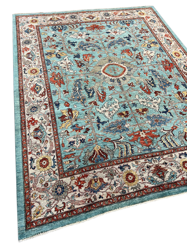 Sky Blue Hand-Knotted  Wool Rug - Aqua, Ivory &amp; Rust Traditional Floral Design - 8.2 x 10.5