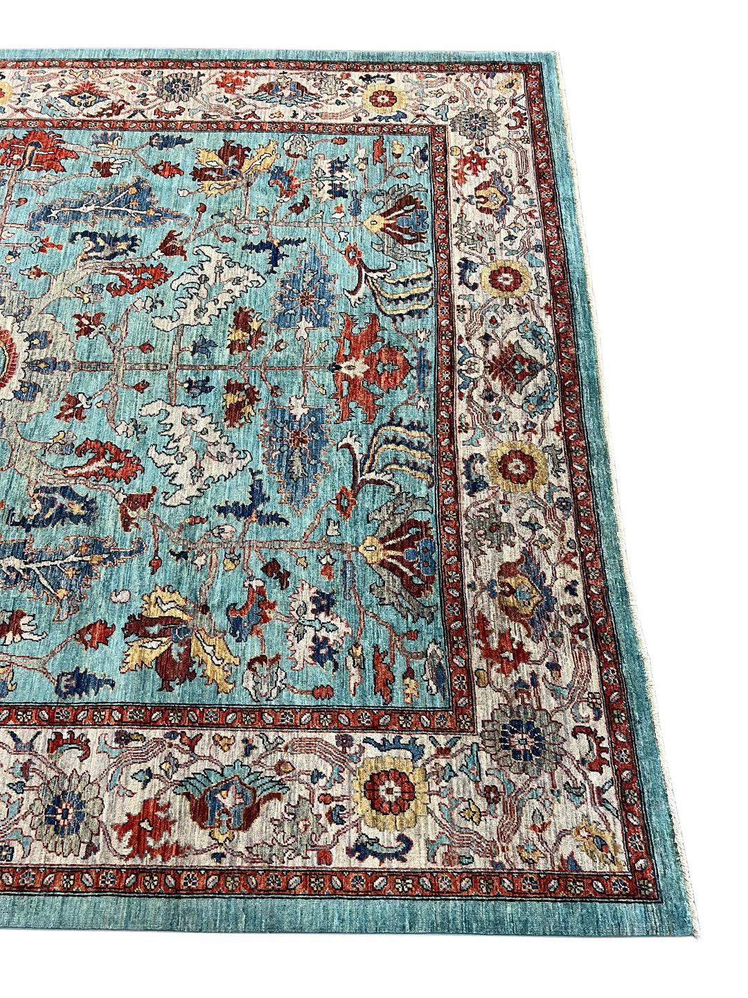 Sky Blue Hand-Knotted  Wool Rug - Aqua, Ivory &amp; Rust Traditional Floral Design - 8.2 x 10.5