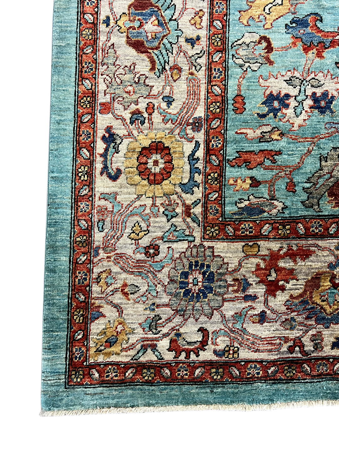 Sky Blue Hand-Knotted  Wool Rug - Aqua, Ivory &amp; Rust Traditional Floral Design - 8.2 x 10.5