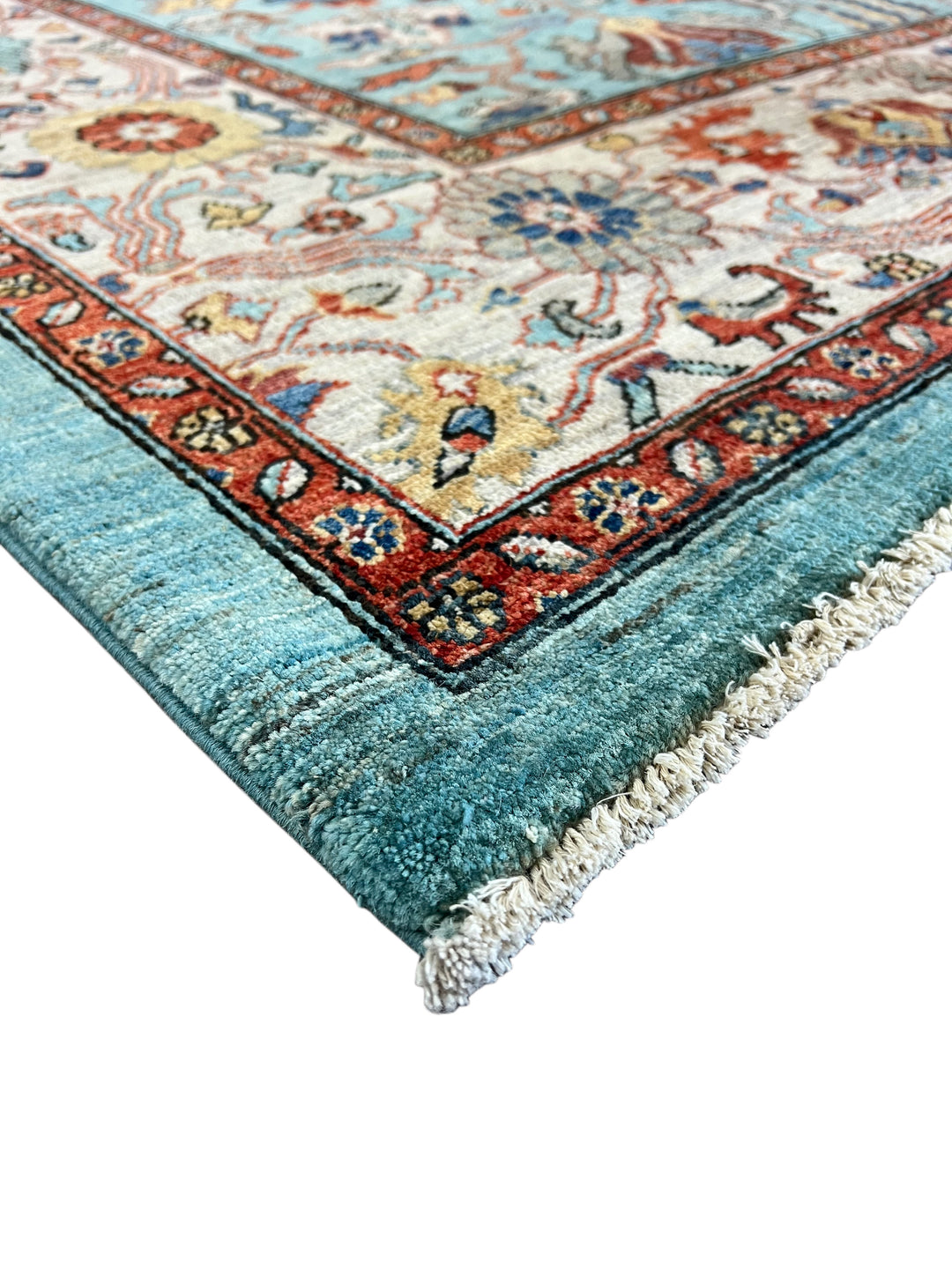 Sky Blue Hand-Knotted  Wool Rug - Aqua, Ivory &amp; Rust Traditional Floral Design - 8.2 x 10.5