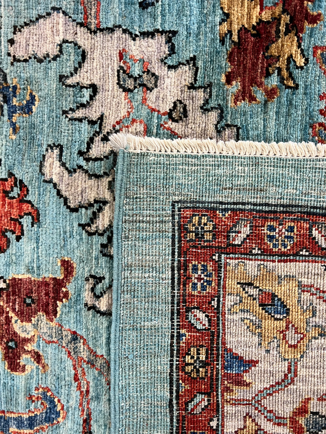 Sky Blue Hand-Knotted  Wool Rug - Aqua, Ivory &amp; Rust Traditional Floral Design - 8.2 x 10.5