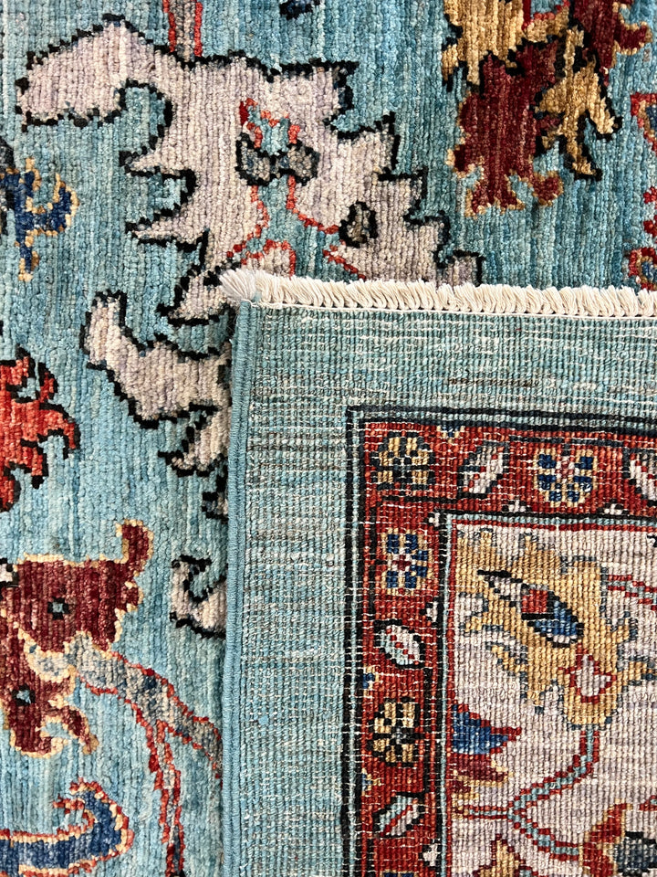 Sky Blue Hand-Knotted  Wool Rug - Aqua, Ivory &amp; Rust Traditional Floral Design - 8.2 x 10.5