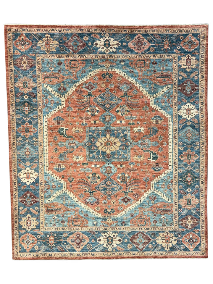 Hand-Knotted Serapi Wool Rug | Blue, Rust &amp; Ivory Traditional Persian Design | 8.2 x 9.7