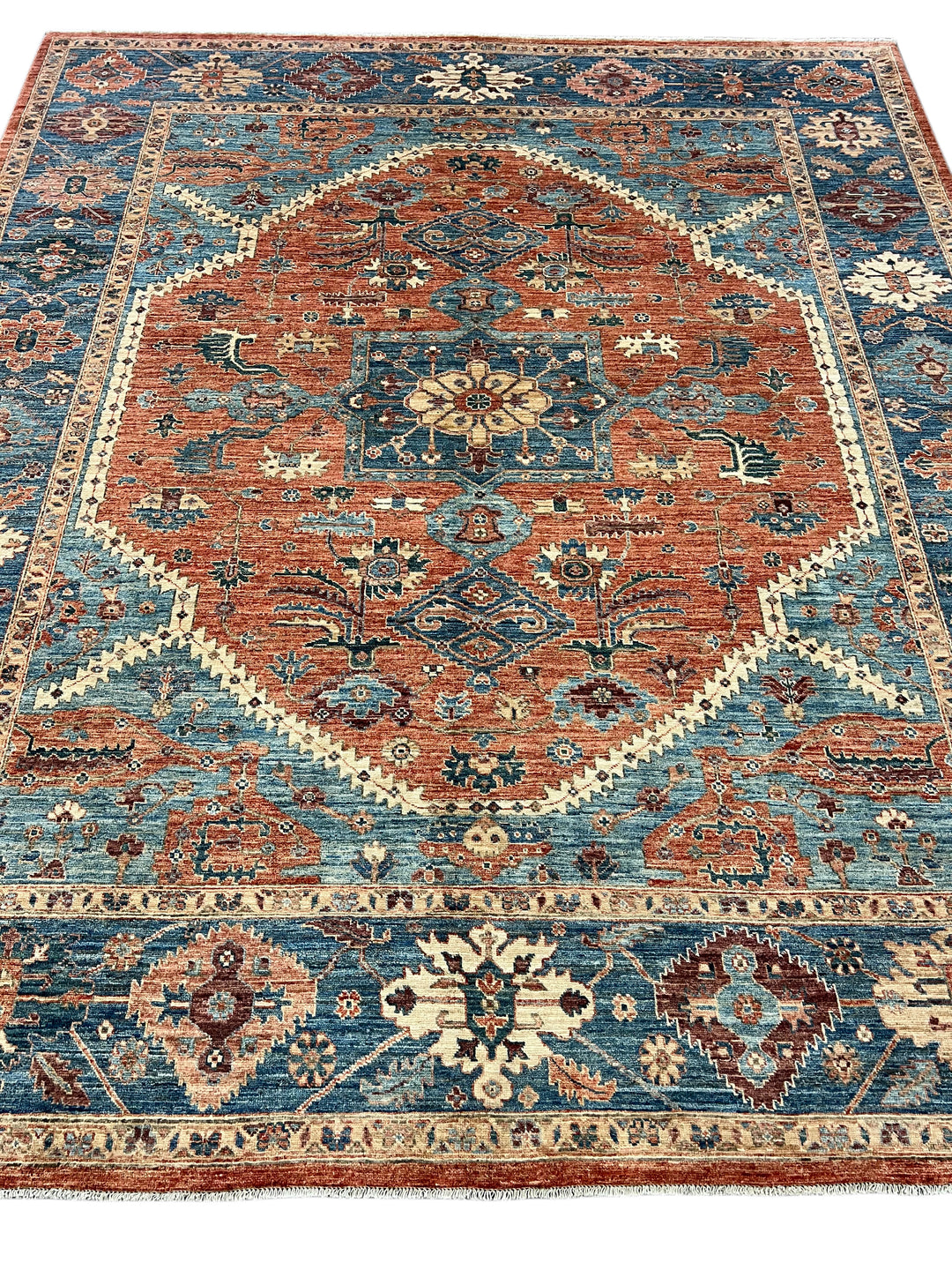 Hand-Knotted Serapi Wool Rug | Blue, Rust &amp; Ivory Traditional Persian Design | 8.2 x 9.7