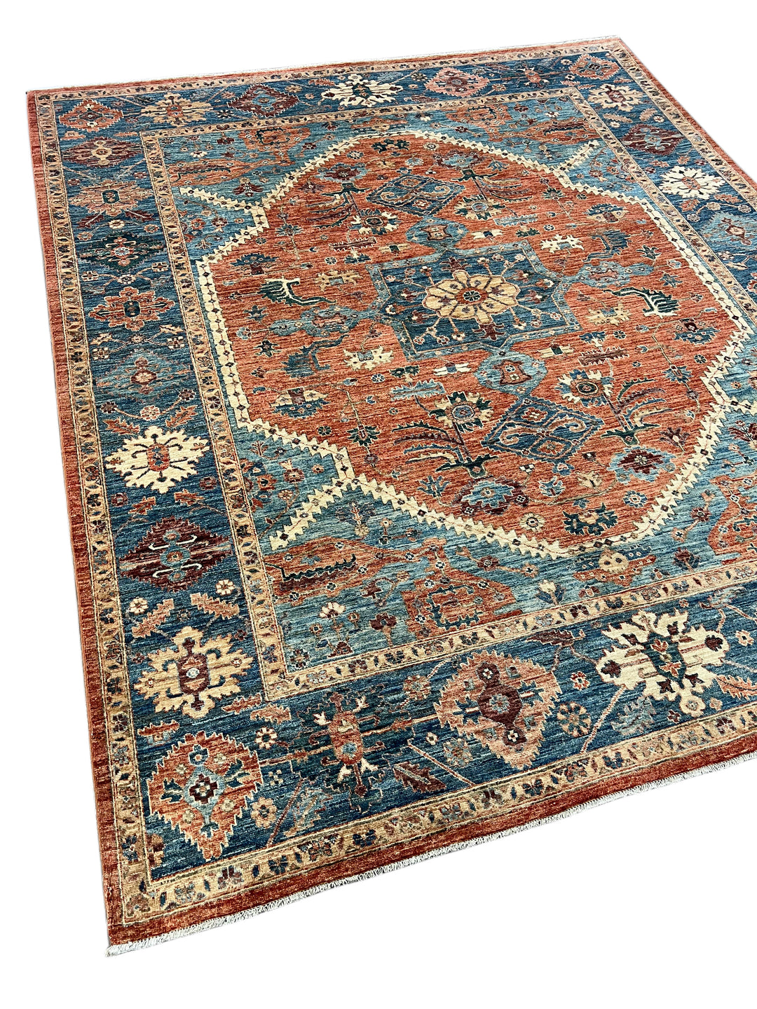 Hand-Knotted Serapi Wool Rug | Blue, Rust &amp; Ivory Traditional Persian Design | 8.2 x 9.7