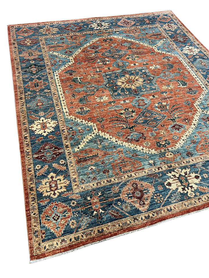Hand-Knotted Serapi Wool Rug | Blue, Rust &amp; Ivory Traditional Persian Design | 8.2 x 9.7