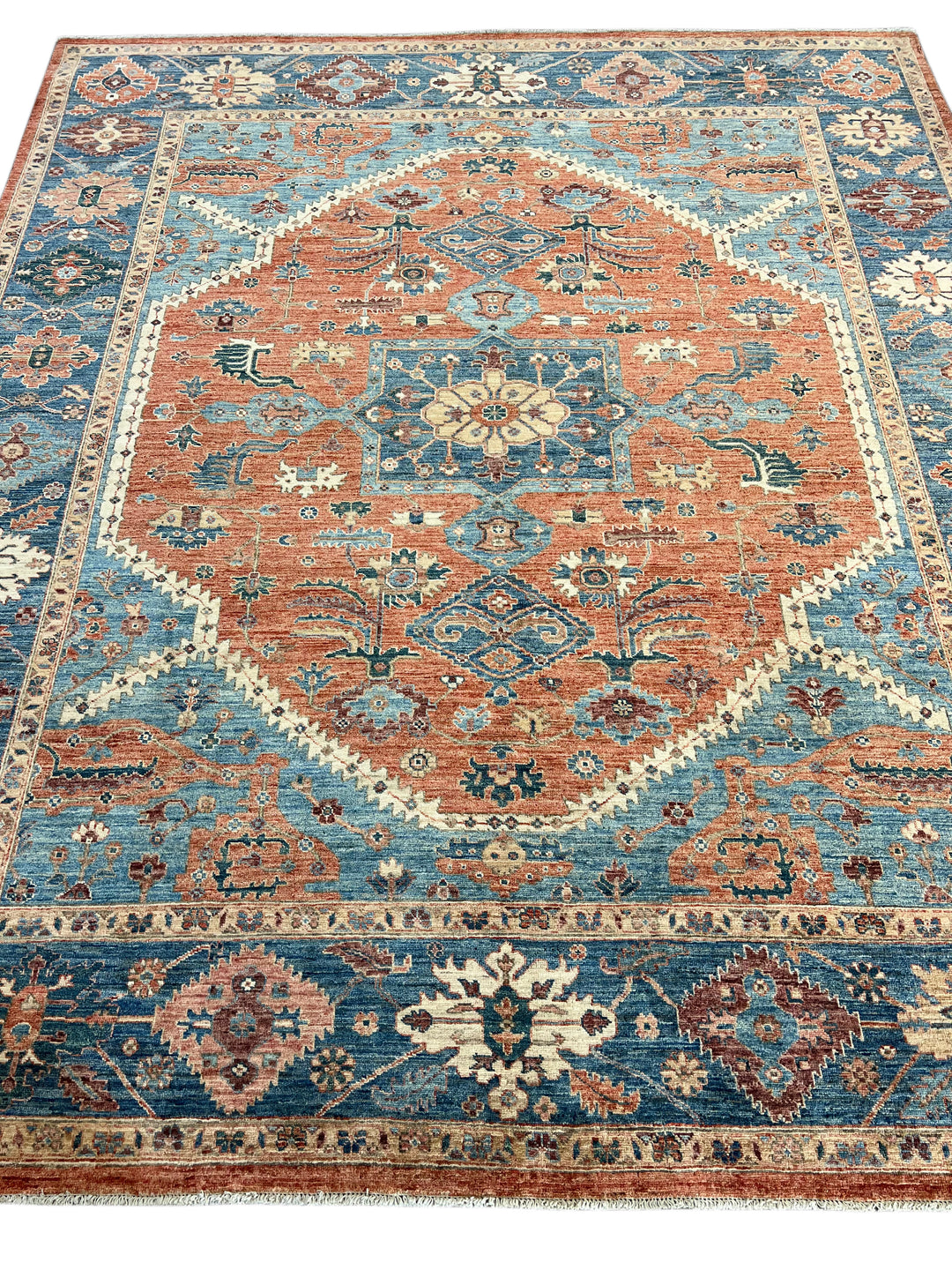 Hand-Knotted Serapi Wool Rug | Blue, Rust &amp; Ivory Traditional Persian Design | 8.2 x 9.7