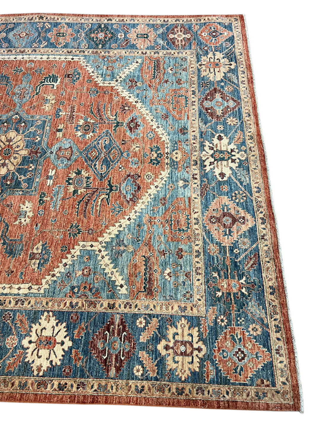 Hand-Knotted Serapi Wool Rug | Blue, Rust &amp; Ivory Traditional Persian Design | 8.2 x 9.7