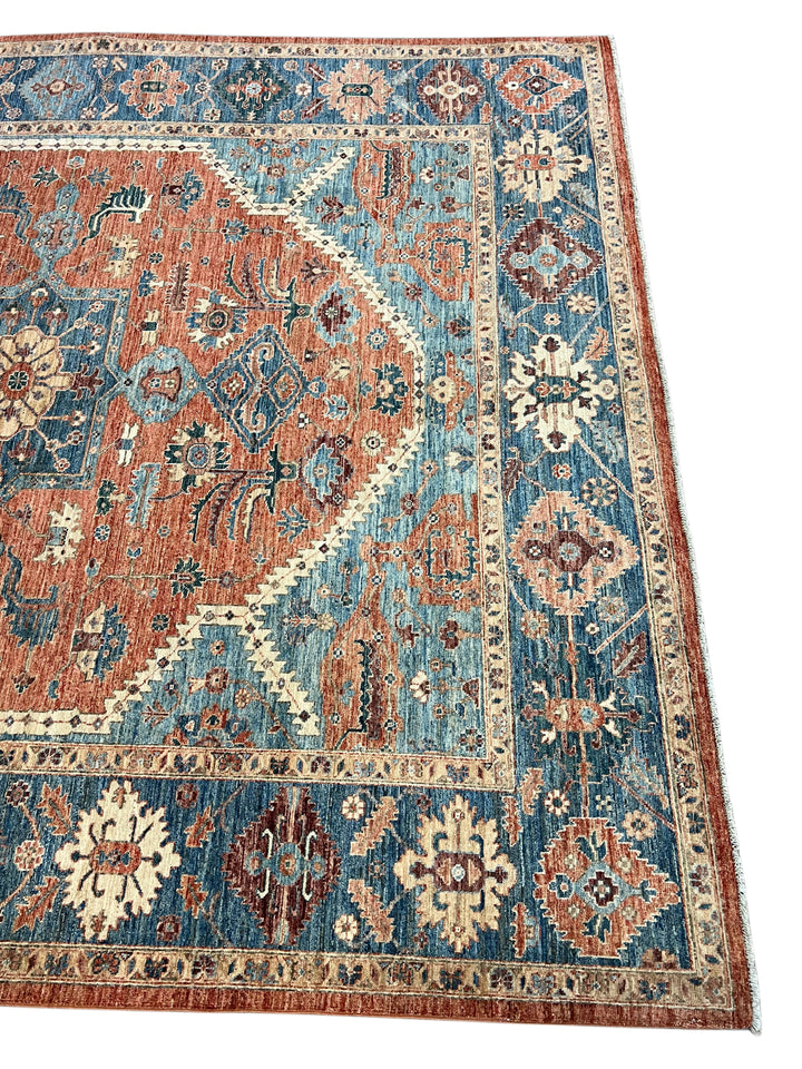 Hand-Knotted Serapi Wool Rug | Blue, Rust &amp; Ivory Traditional Persian Design | 8.2 x 9.7