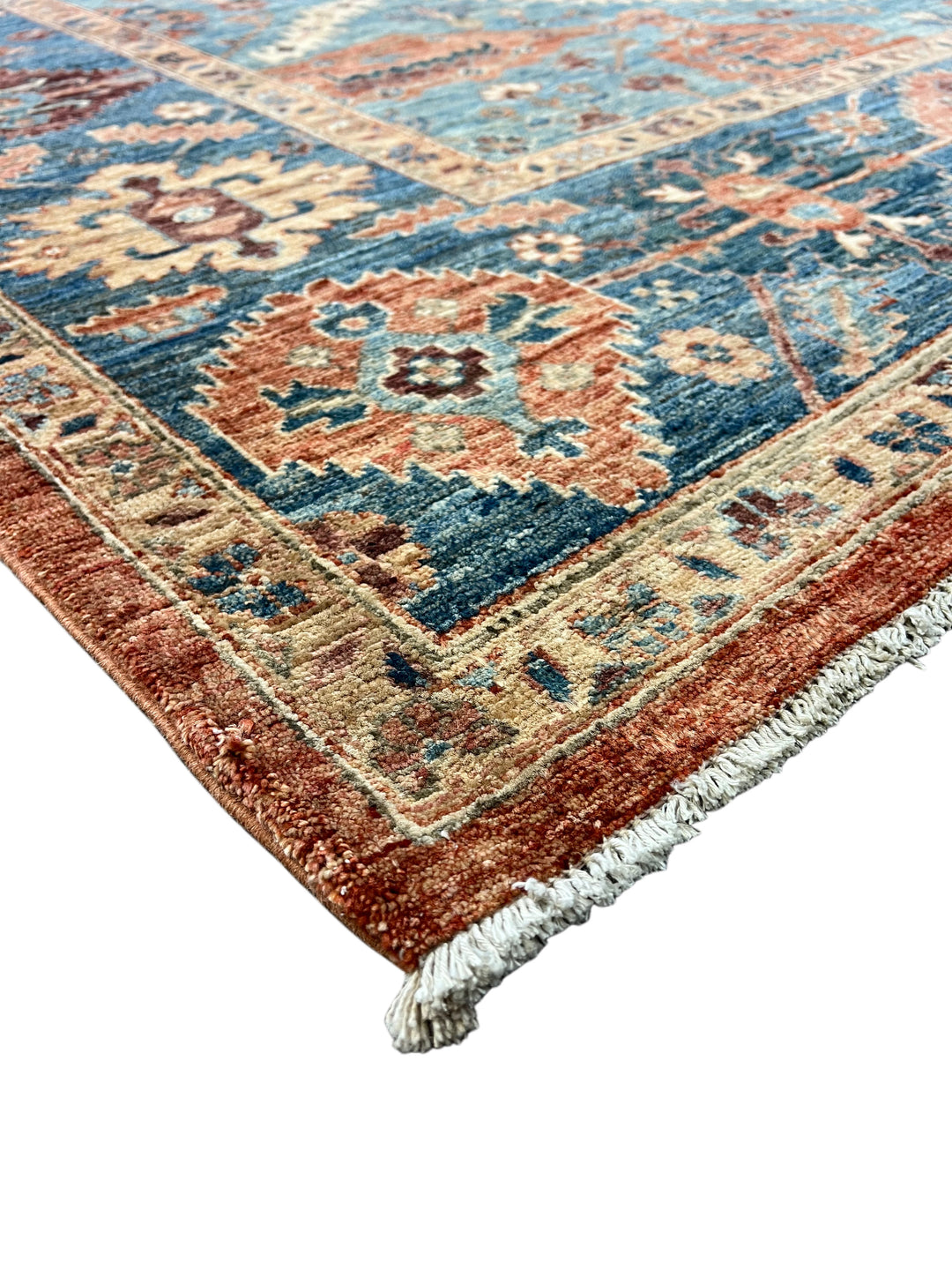 Hand-Knotted Serapi Wool Rug | Blue, Rust &amp; Ivory Traditional Persian Design | 8.2 x 9.7