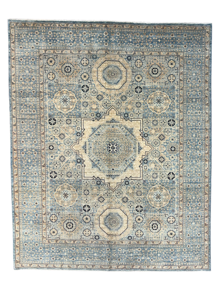 Hand-Knotted Mamluk Wool Rug | Light Blue, Ivory &amp; Beige Traditional Design | 7.11 x 9.10