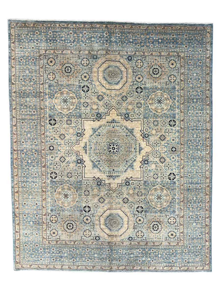 Hand-Knotted Mamluk Wool Rug | Light Blue, Ivory & Beige Traditional Design | 7.11 x 9.10