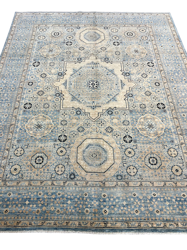 Hand-Knotted Mamluk Wool Rug | Light Blue, Ivory &amp; Beige Traditional Design | 7.11 x 9.10