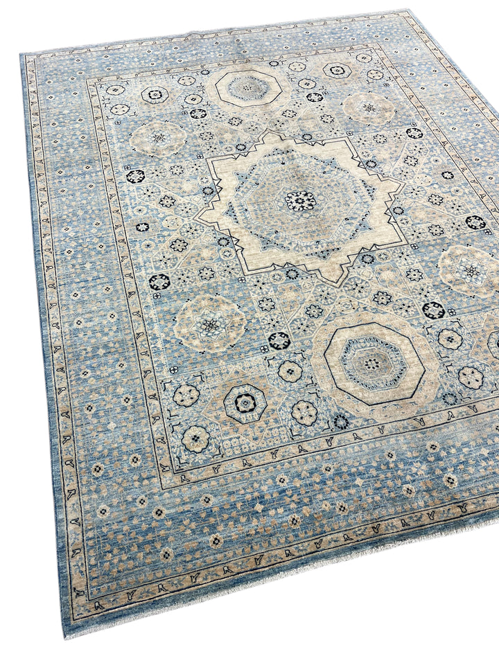Hand-Knotted Mamluk Wool Rug | Light Blue, Ivory &amp; Beige Traditional Design | 7.11 x 9.10