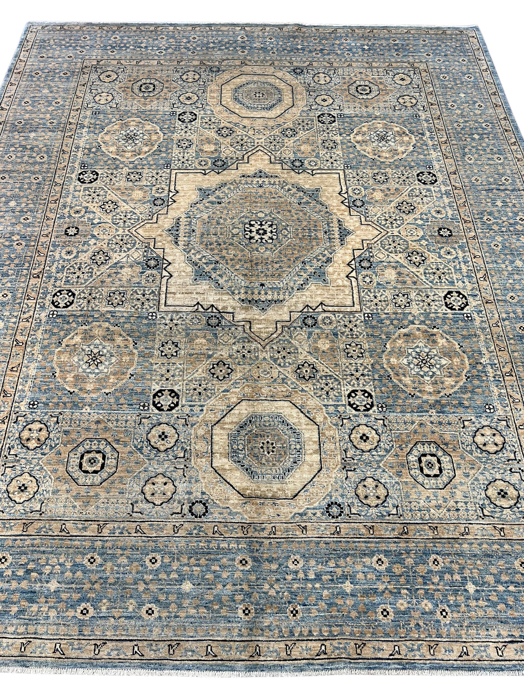 Hand-Knotted Mamluk Wool Rug | Light Blue, Ivory &amp; Beige Traditional Design | 7.11 x 9.10