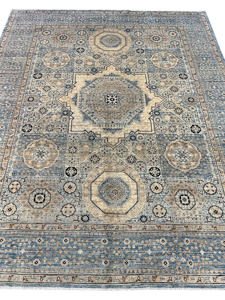 Hand-Knotted Mamluk Wool Rug | Light Blue, Ivory &amp; Beige Traditional Design | 7.11 x 9.10
