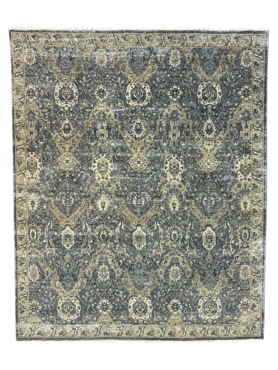 Hand-Knotted Antique Wash Wool Rug | Charcoal Gray, Taupe & Ivory Vintage Design | 8.0 x 9.10
