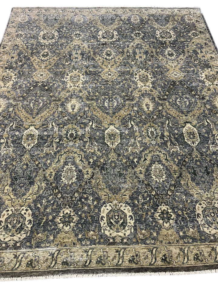 Hand-Knotted Antique Wash Wool Rug | Charcoal Gray, Taupe &amp; Ivory Vintage Design | 8.0 x 9.10