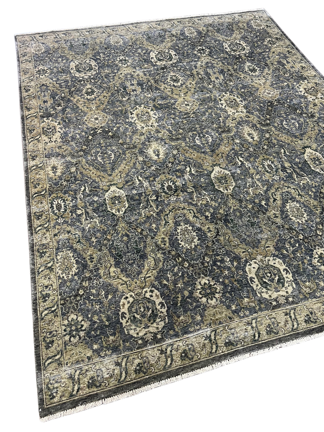 Hand-Knotted Antique Wash Wool Rug | Charcoal Gray, Taupe &amp; Ivory Vintage Design | 8.0 x 9.10