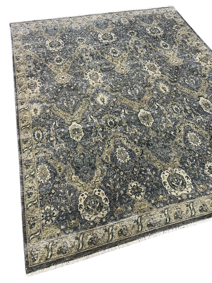 Hand-Knotted Antique Wash Wool Rug | Charcoal Gray, Taupe &amp; Ivory Vintage Design | 8.0 x 9.10