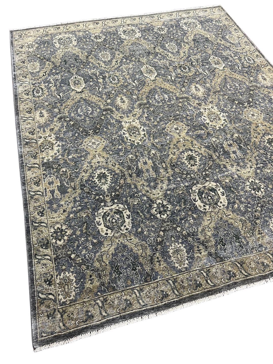 Hand-Knotted Antique Wash Wool Rug | Charcoal Gray, Taupe &amp; Ivory Vintage Design | 8.0 x 9.10