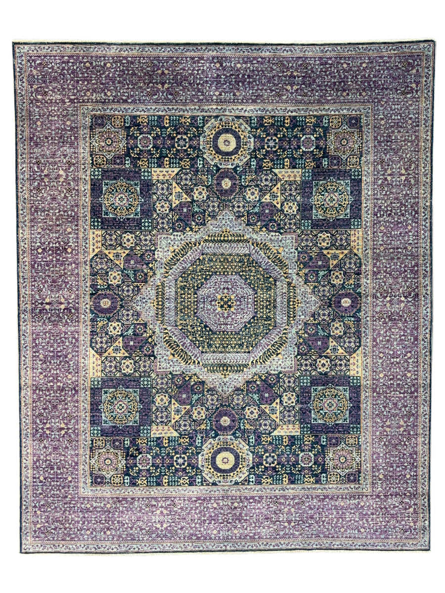 Plum, Navy & Gold Traditional Design | Hand-Knotted Mamluk Wool Rug | 8.1 x 9.11