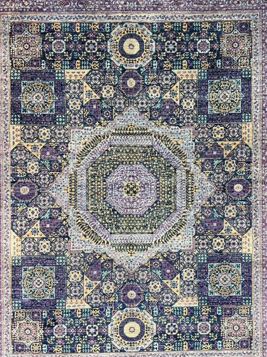 Plum, Navy &amp; Gold Traditional Design | Hand-Knotted Mamluk Wool Rug | 8.1 x 9.11