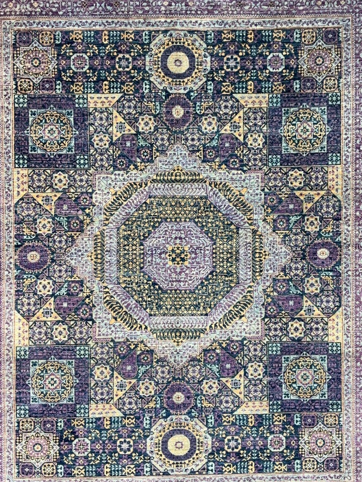 Plum, Navy &amp; Gold Traditional Design | Hand-Knotted Mamluk Wool Rug | 8.1 x 9.11