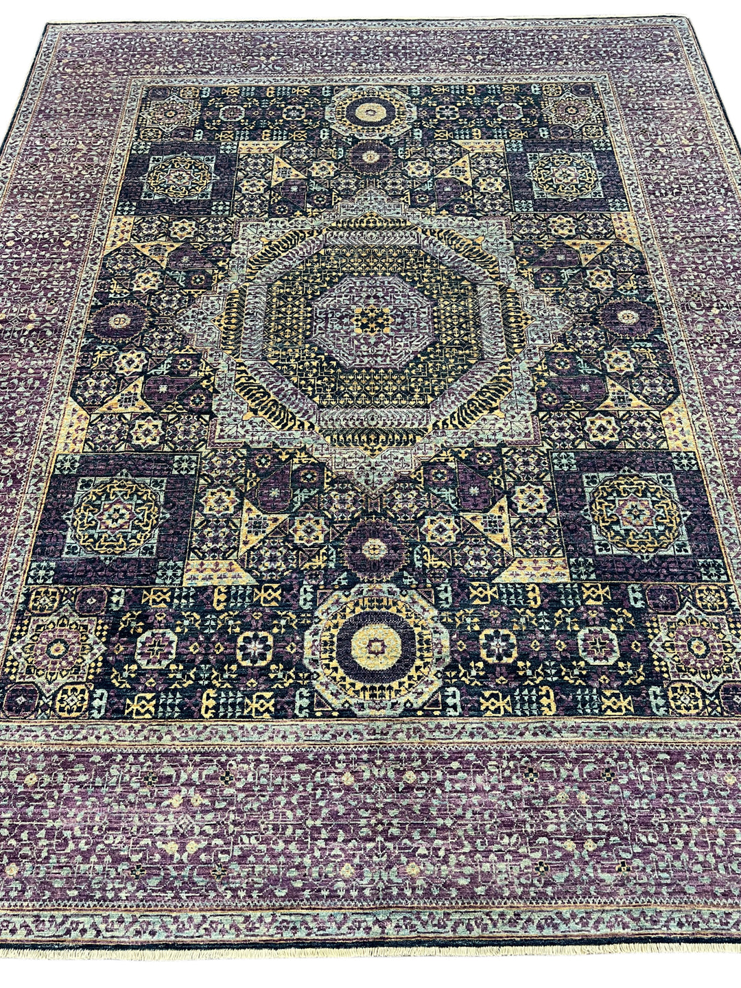 Plum, Navy &amp; Gold Traditional Design | Hand-Knotted Mamluk Wool Rug | 8.1 x 9.11