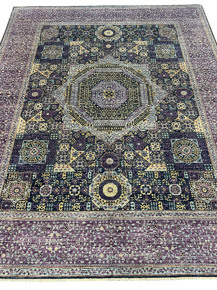 Plum, Navy &amp; Gold Traditional Design | Hand-Knotted Mamluk Wool Rug | 8.1 x 9.11