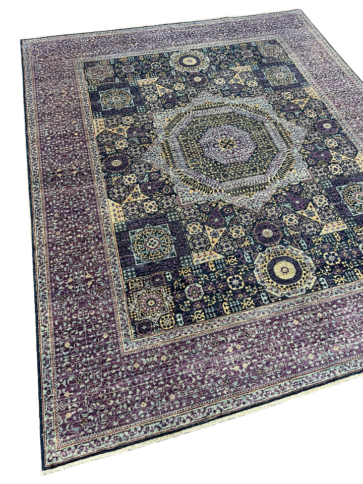 Plum, Navy &amp; Gold Traditional Design | Hand-Knotted Mamluk Wool Rug | 8.1 x 9.11