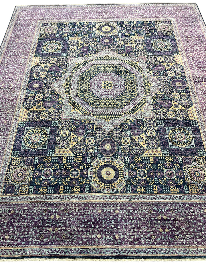 Plum, Navy &amp; Gold Traditional Design | Hand-Knotted Mamluk Wool Rug | 8.1 x 9.11