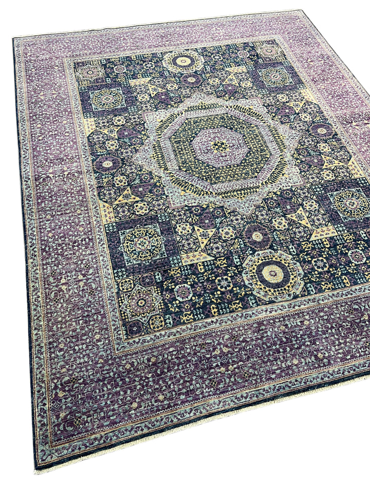 Plum, Navy &amp; Gold Traditional Design | Hand-Knotted Mamluk Wool Rug | 8.1 x 9.11