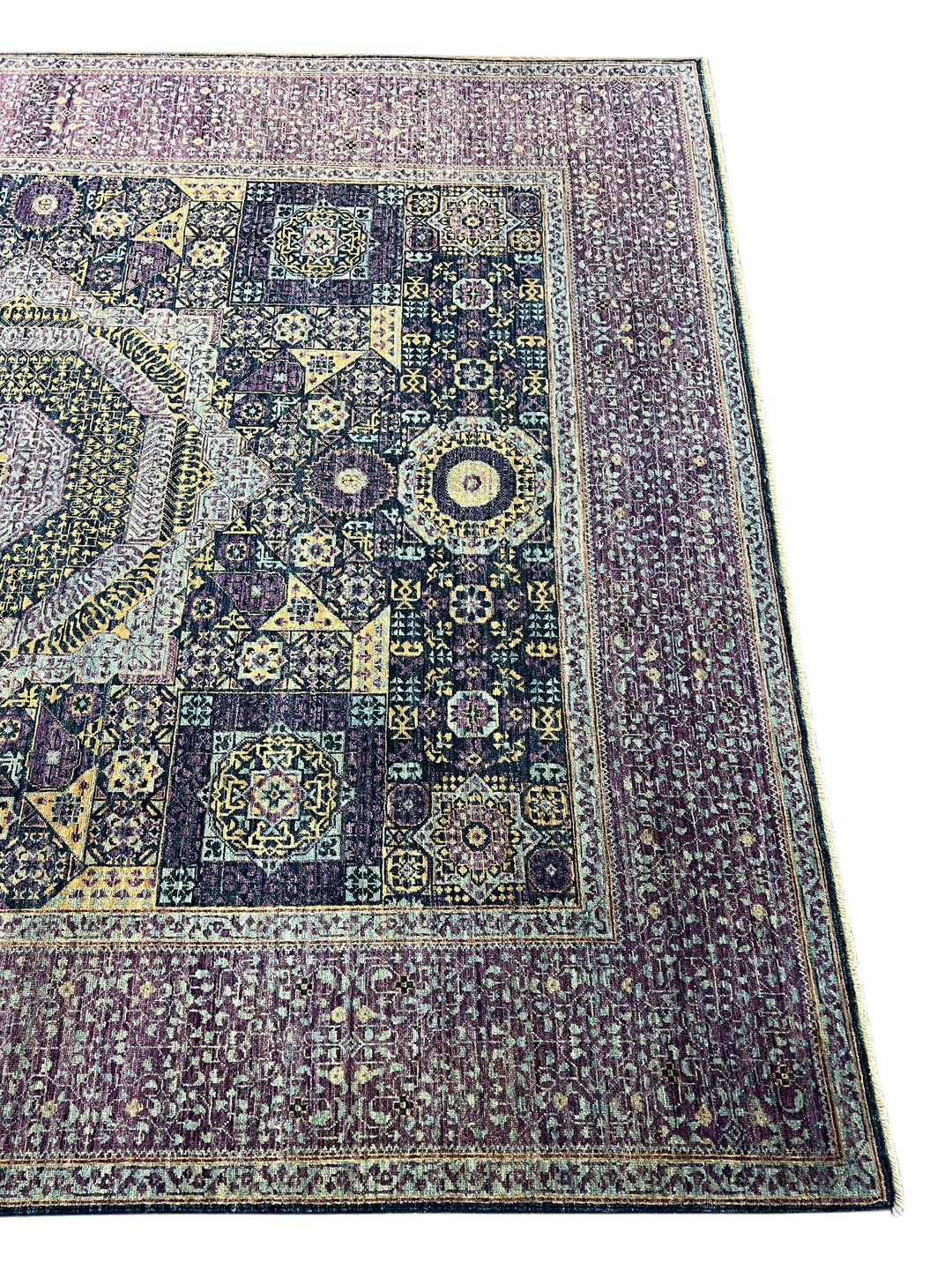 Plum, Navy &amp; Gold Traditional Design | Hand-Knotted Mamluk Wool Rug | 8.1 x 9.11