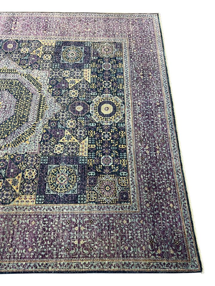 Plum, Navy &amp; Gold Traditional Design | Hand-Knotted Mamluk Wool Rug | 8.1 x 9.11