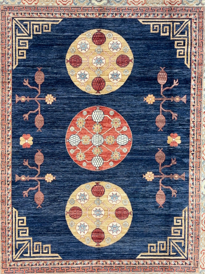 Hand-Knotted Art Deco Wool Rug | Navy Blue, Ivory &amp; Rust Geometric Design | 8.2 x 10.2